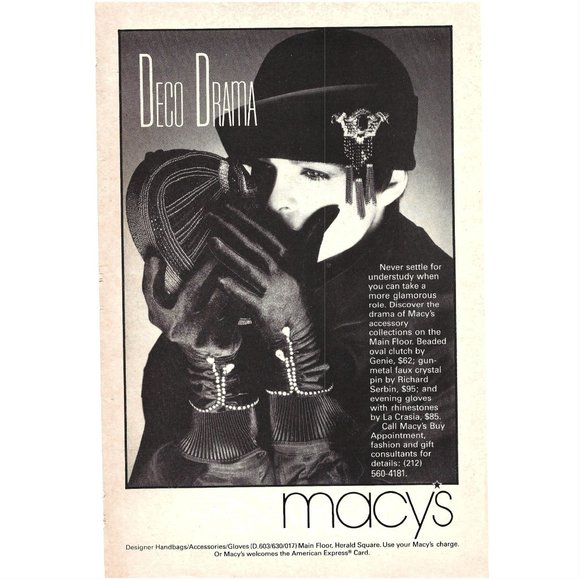 Art Deco Drama Macy's Serbin La Crasia 1980s Vintage Print Ad 9 inch Tall - Picture 1 of 4
